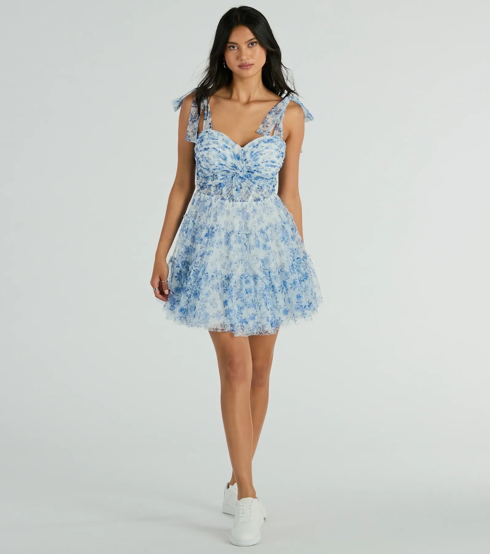 Brynne Formal Floral Mesh Ruffled Skater Dress - Image 3