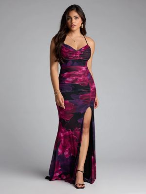 Tania Floral Lace-Up Slit Formal Dress