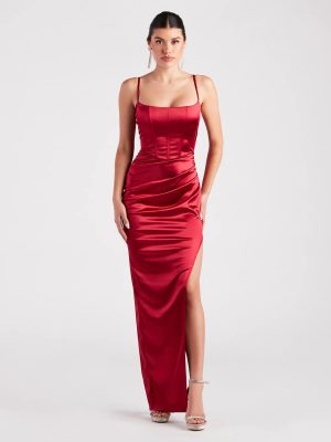 Helena Formal Satin Corset Slit Dress