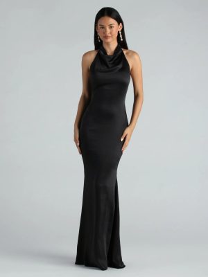Amber Formal Satin Halter Open Back Long Dress