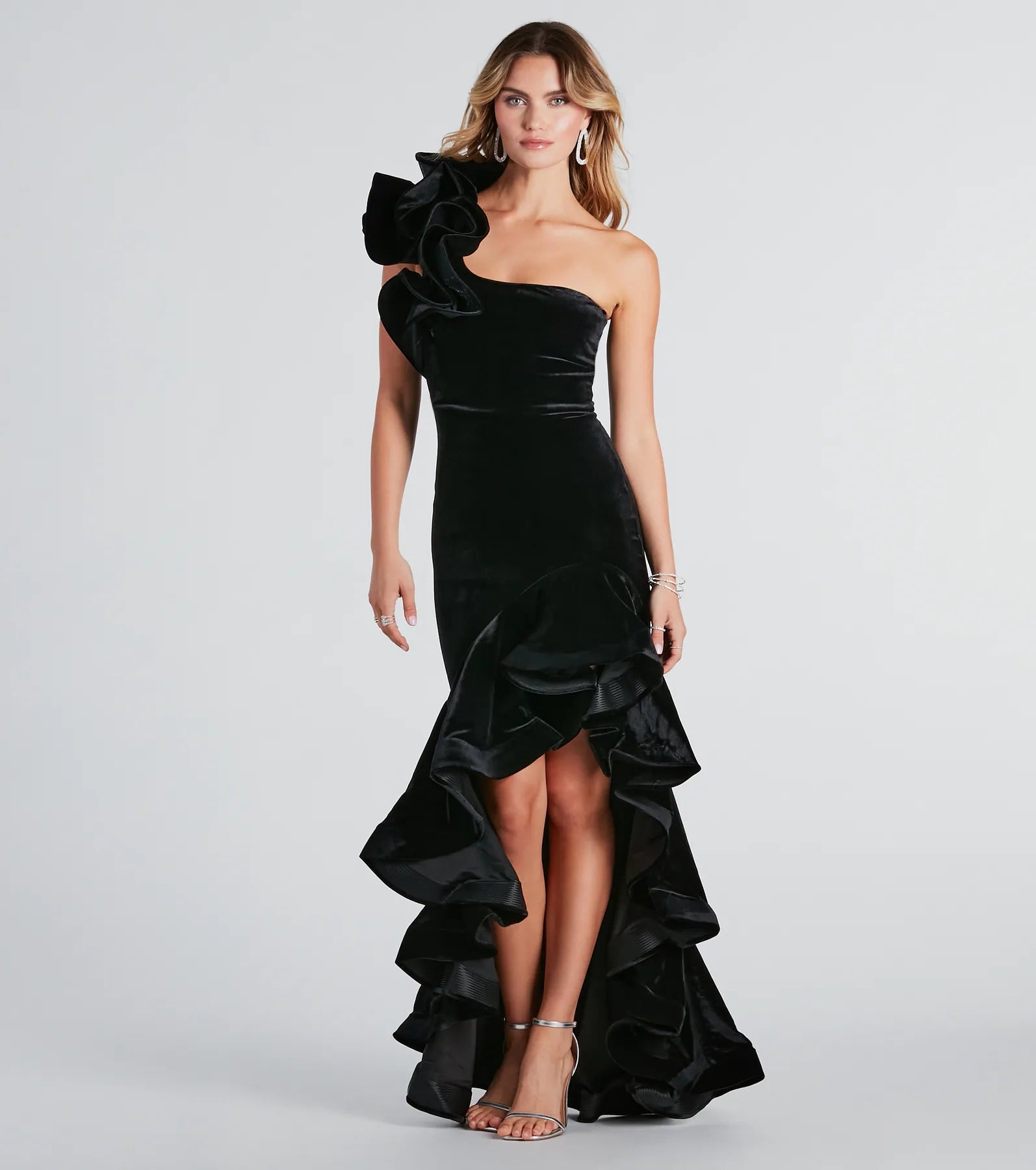 Beatrice Formal Velvet Ruffle High Low Dress - Image 3