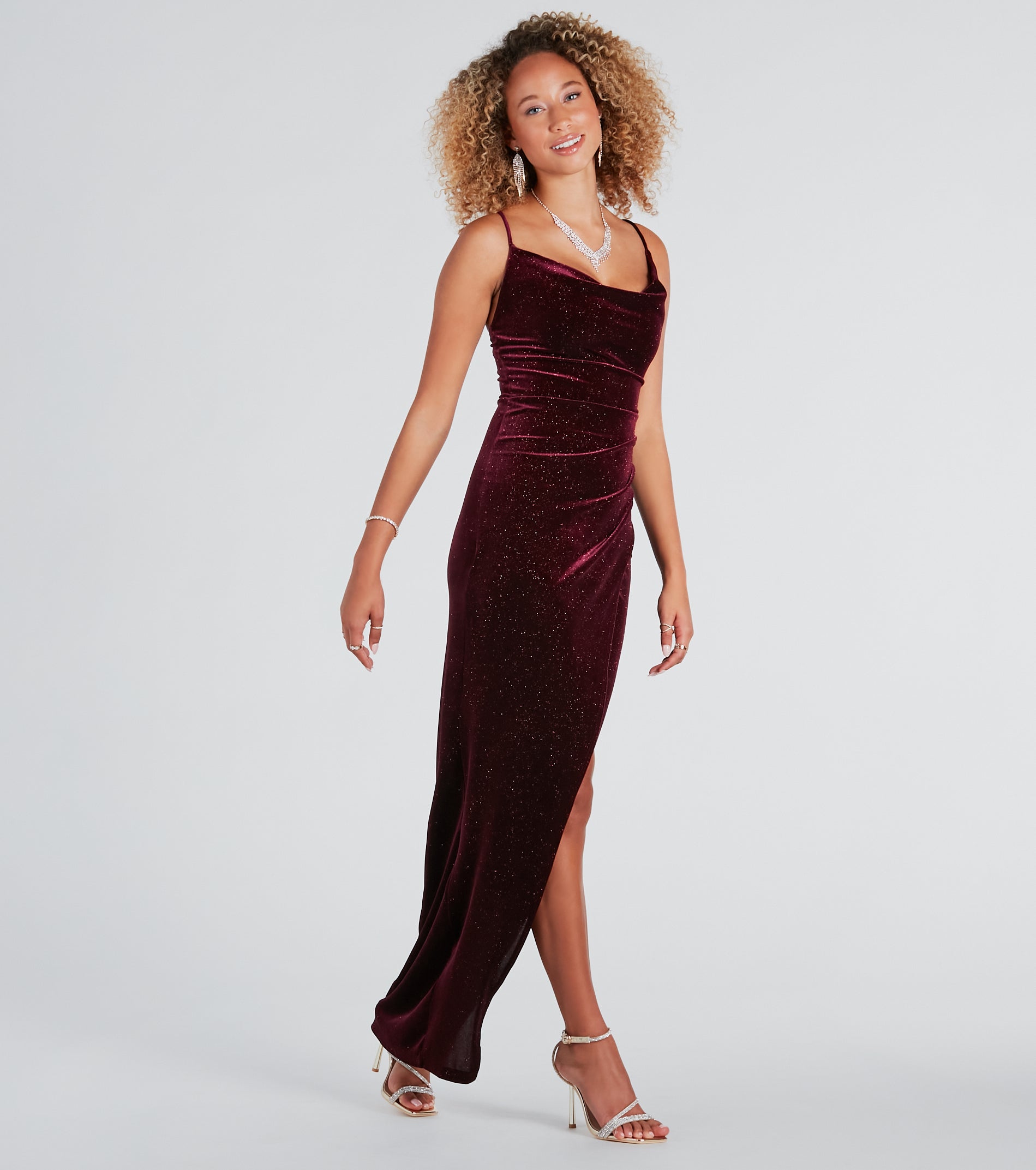 Prianka Formal Glitter Velvet Cowl Neck Dress - Image 7