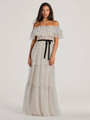 Aria Ruffled Off-The-Shoulder Polka Dot Mesh Formal Dress