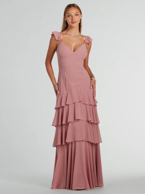 Adalee Flutter Strap Ruffled Chiffon Formal Dress