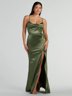 Melody Cowl Neck Mermaid Glitter Satin Formal Dress