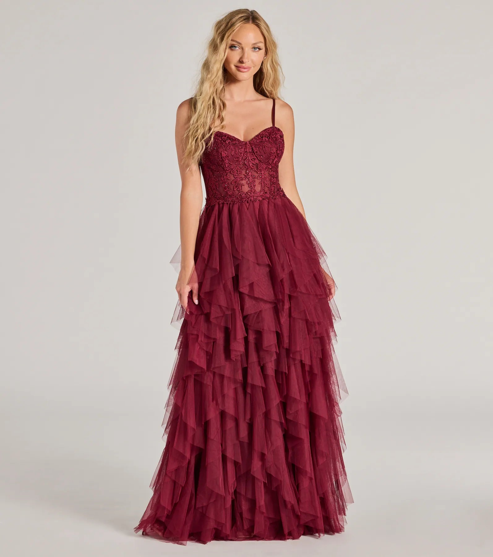 Keyla Floral Applique Tiered Ruffle Tulle Gown - Image 11