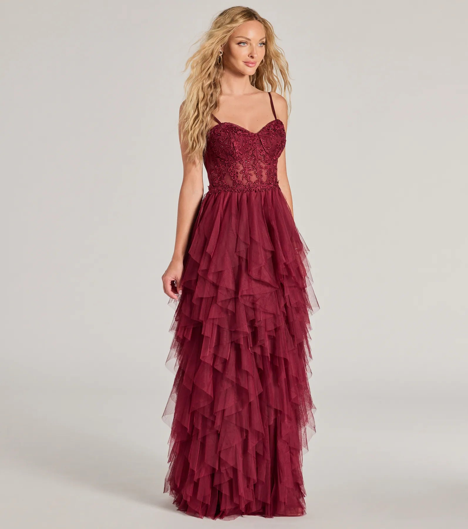 Keyla Floral Applique Tiered Ruffle Tulle Gown - Image 13