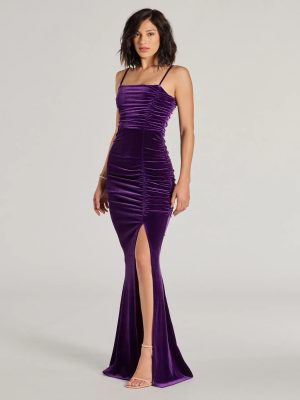 Alondra Ruched Velvet Front Slit Mermaid Dress