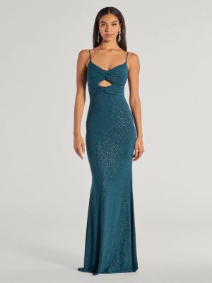 Della Glitter Knit Twist-Front Cutout Mermaid Dress