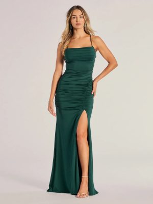 Estelle Strappy Open-Back Ruched Mermaid Dress