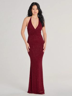 Blake Halter V-Neck Beaded Column Formal Dress