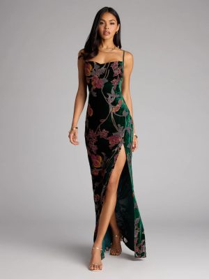 Melanie Floral Velvet Lace-Up Formal Dress