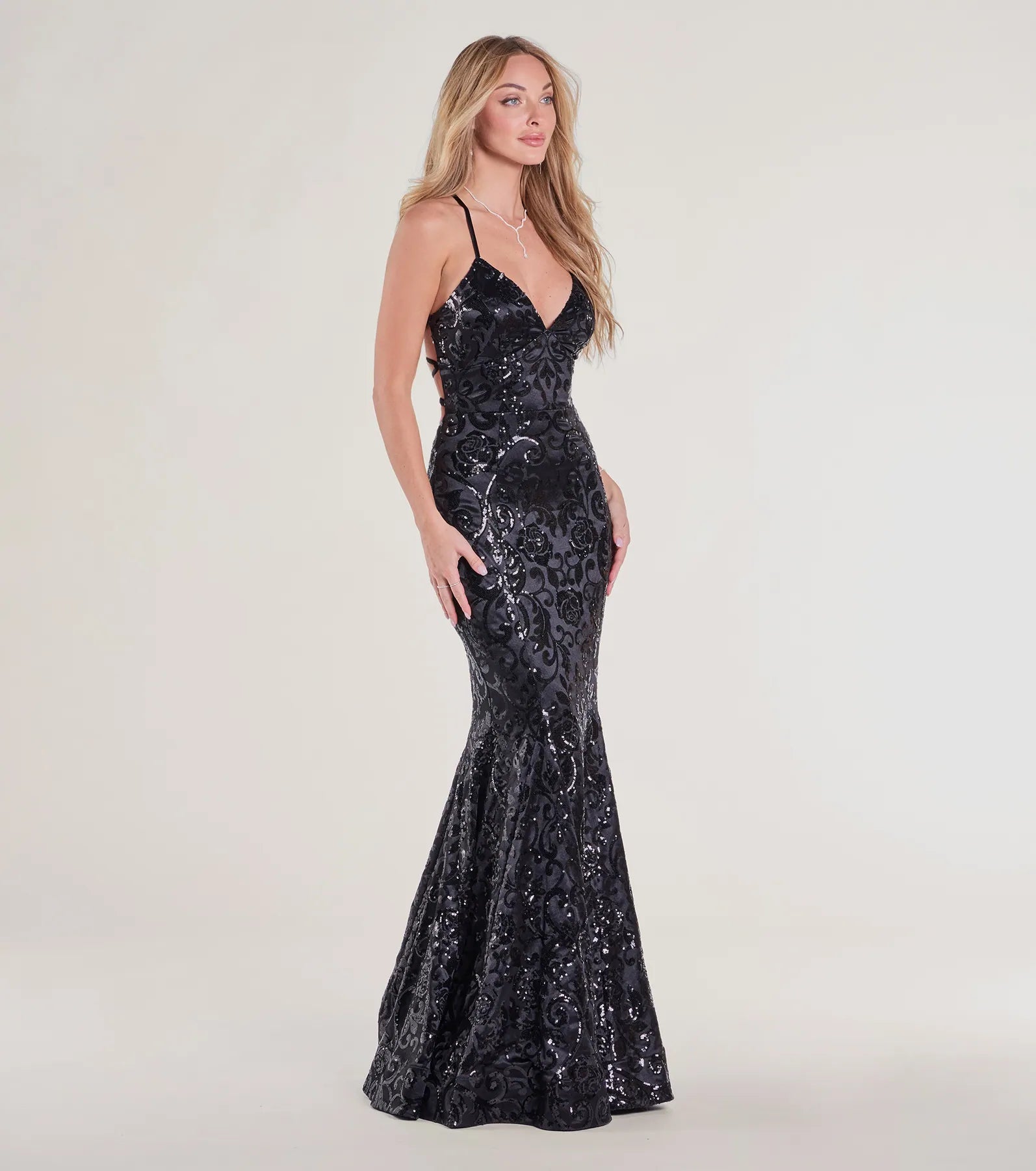 Saskia Lace-Up Mermaid Sequin Satin Formal Dress - Image 16