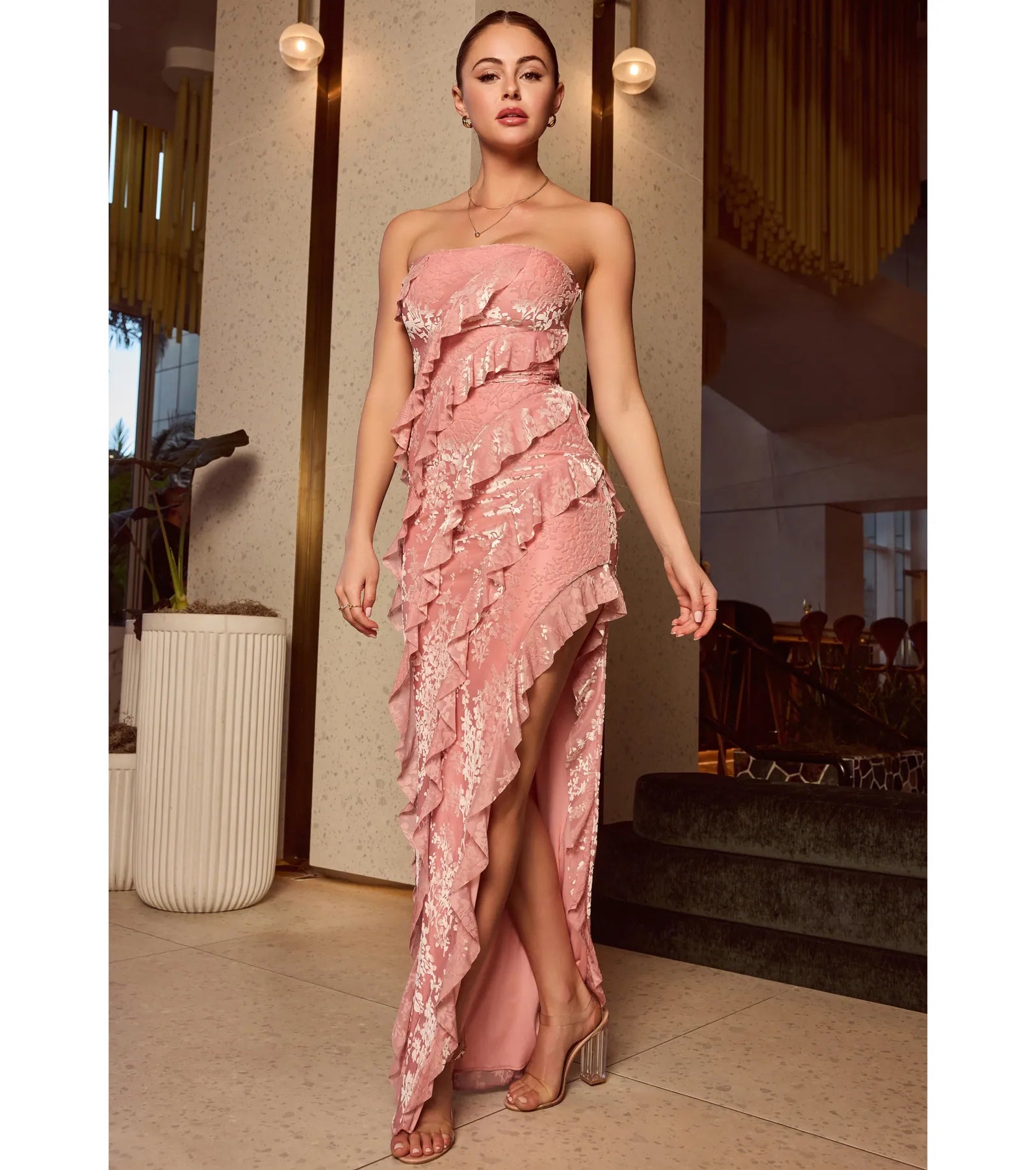 Brie Strapless Ruffled Slit Column Dress