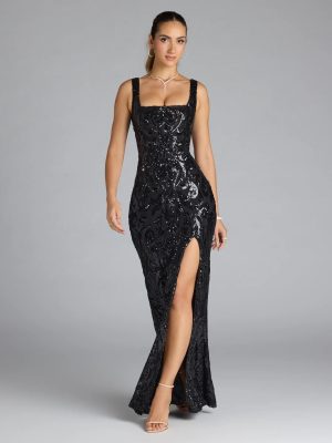 Taylor Lace-Up Slit Sequin Formal Dress