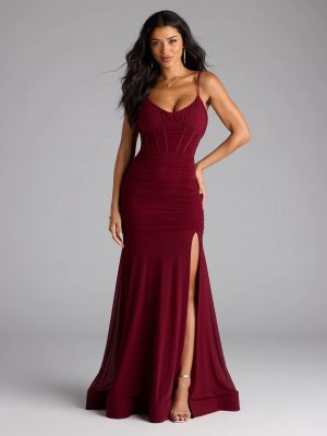 Cesca Corset Slit Mesh Formal Dress