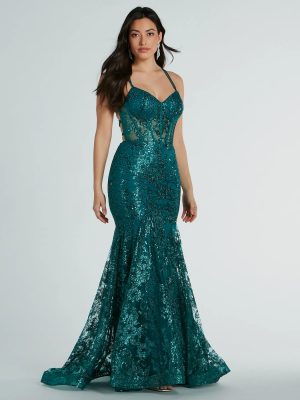 Amal Bustier Lace-Up Mermaid Glitter Sequin Gown