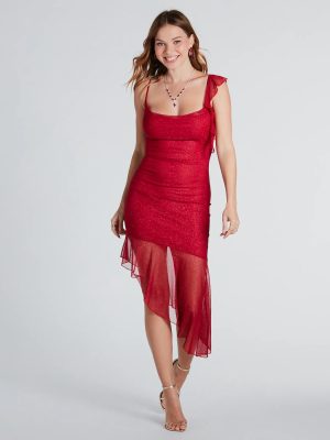 Feelin' Glam Glitter Mesh Ruffled Midi Dress