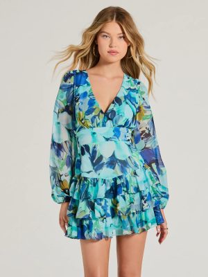 Right Impression V-Neck Floral Ruffle Skater Dress