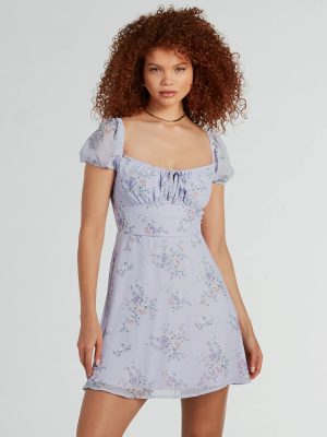 Sweetest Style Puff Sleeve Floral Chiffon Skater Dress