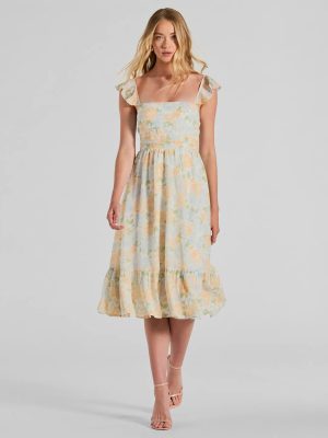 Delightfully Chic Ruffled Floral Chiffon Midi Dress