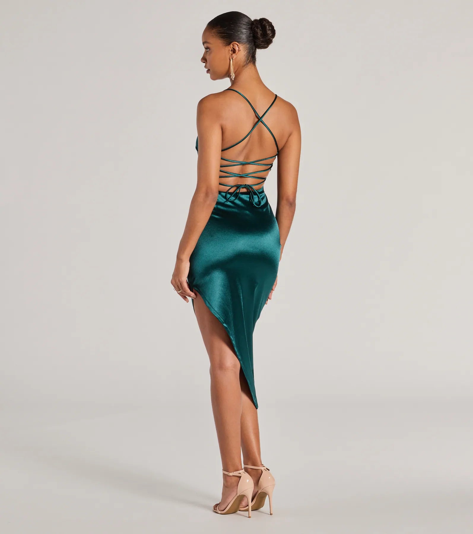 Sensational Fate Lace-Up Bodycon Satin Midi Dress - Image 6