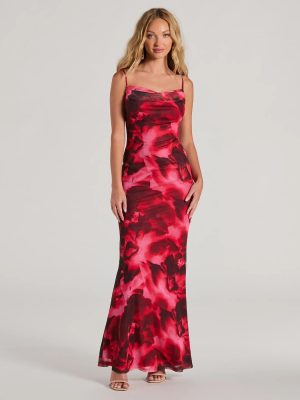 Catch Attention Cowl Neck Abstract Floral Maxi Dress