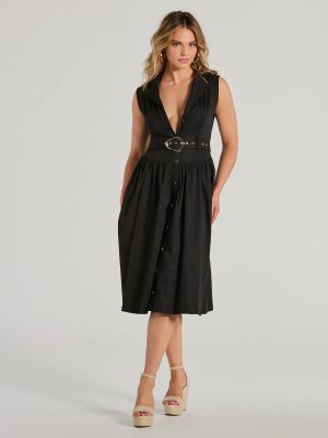 Pleasant Cutie Collared V-Neck Belted Midi Dress