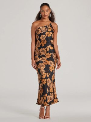 Sensational Sultry One-Shoulder Floral Satin Maxi Dress