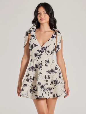Chantel Bow Tie V-Neck Floral Ruffle Skater Dress