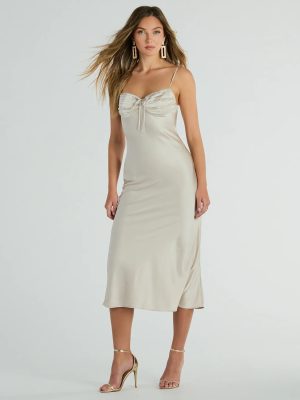 Perfectly Poised Pleated Open Back Satin Midi Dress