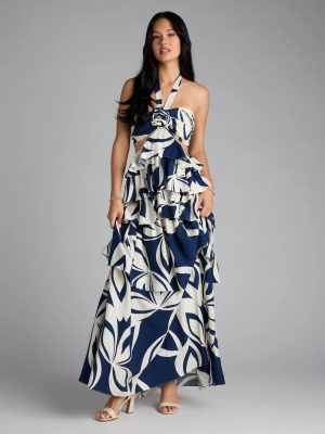 Bold And Beautiful Rosette Halter Cutout Maxi Dress
