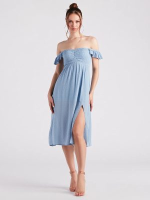 Just Peachy Keen Off-The-Shoulder Midi Dress