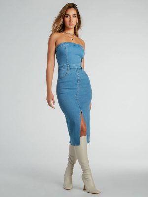 Trendy Topic Strapless Denim Midi Dress