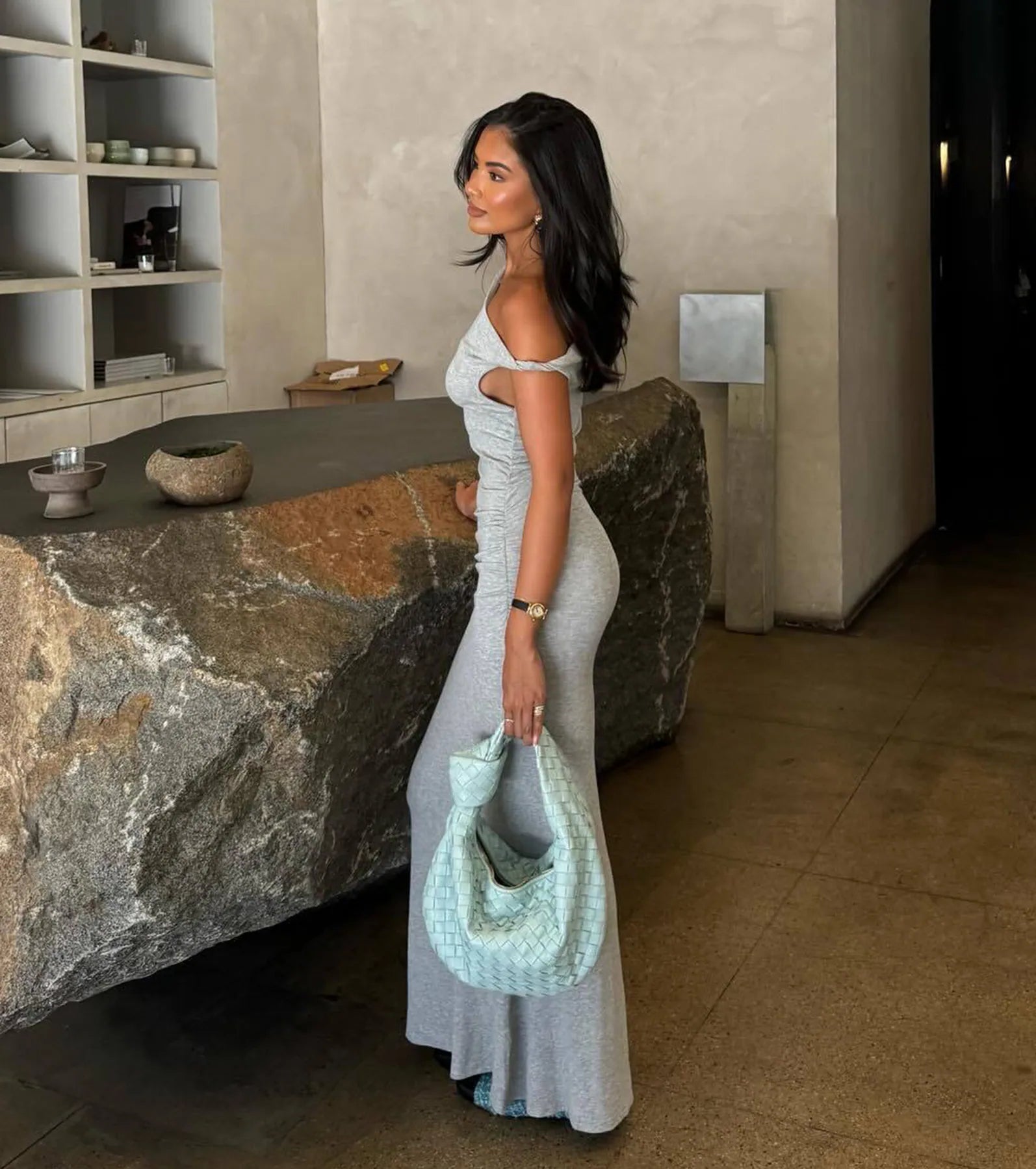 Casual Chic Ruched Ribbed Knit Maxi Dress