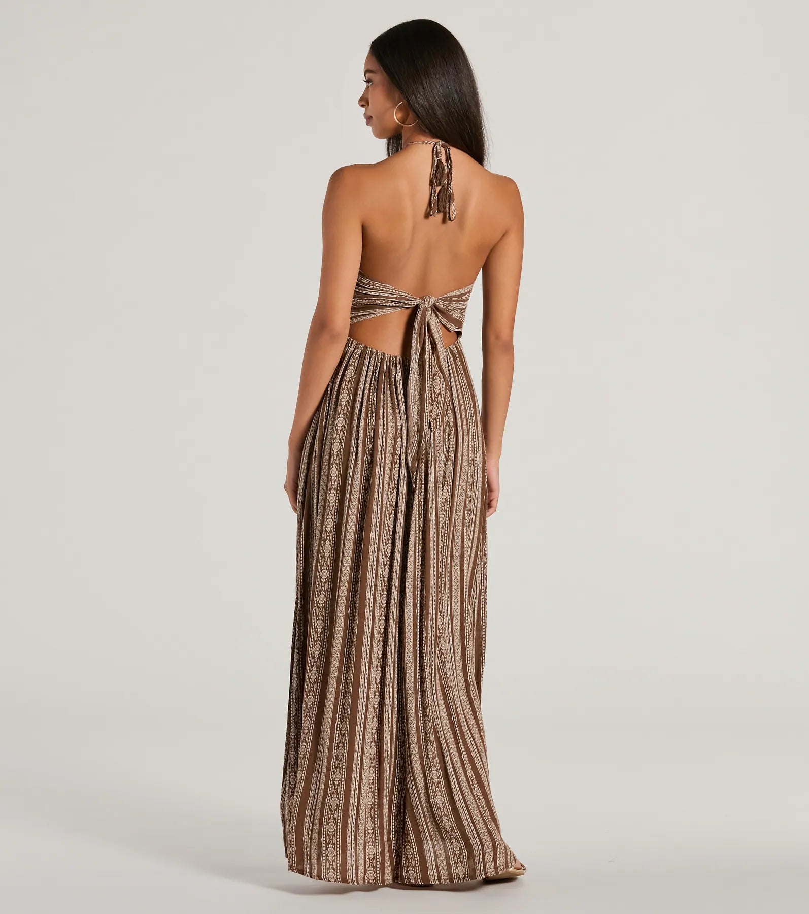 Bohemian-Chic Geometric Striped Halter Maxi Dress - Image 2