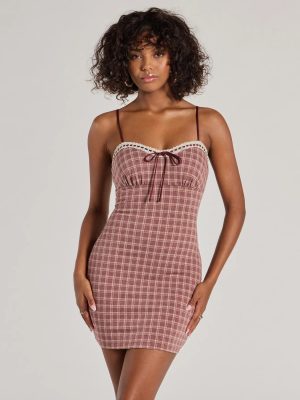 Flirty Silhouette Lace Trim Plaid Mini Dress