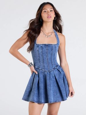 Darling Charm Halter Pleated Denim Skater Dress