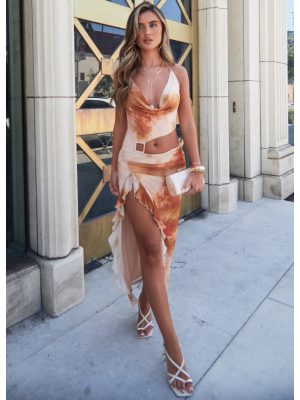 Golden Hour Glow Abstract Print Cutout Midi Dress