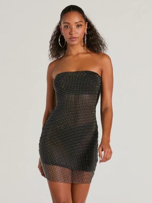 Dancing Babe Strapless Rhinestone Fishnet Mini Dress