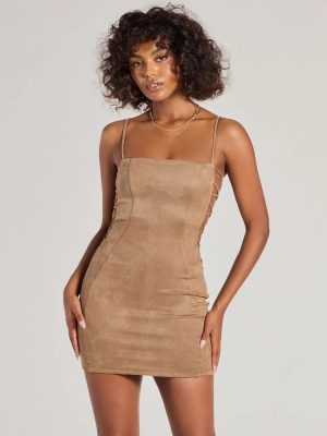 Alluring Moment Faux Suede Lattice Cutout Mini Dress