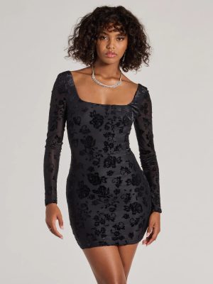 Chic Allure Floral Velvet Burnout Long Sleeve Mini Dress