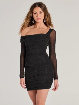 Glitzy Aura Glitter Mesh Off-Shoulder Mini Dress
