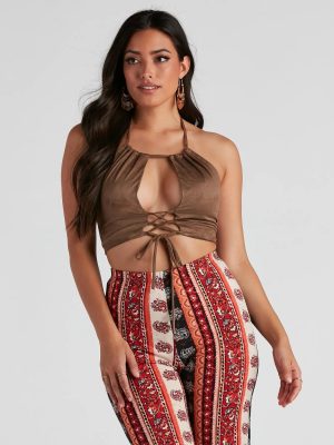 Basic Faux Suede Halter Crop Top