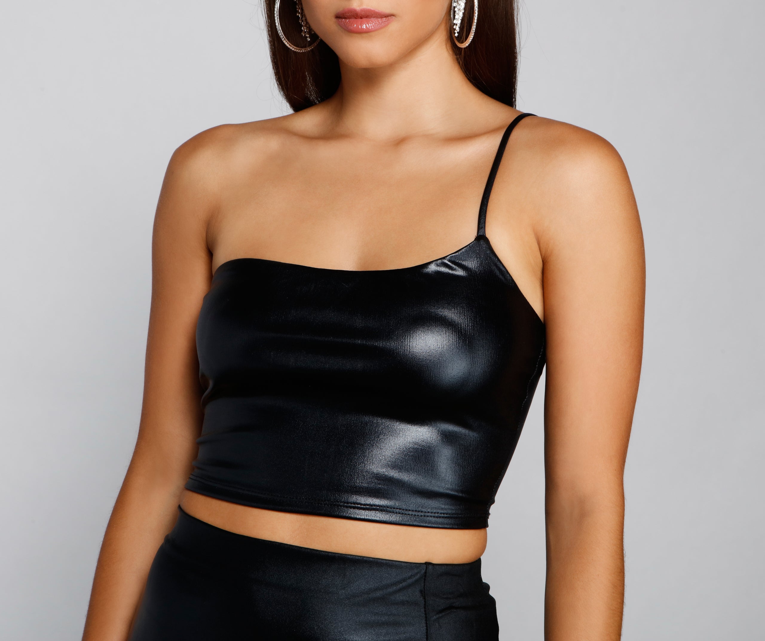 Dangerous Glam Faux Leather One Shoulder Crop Top - Image 4