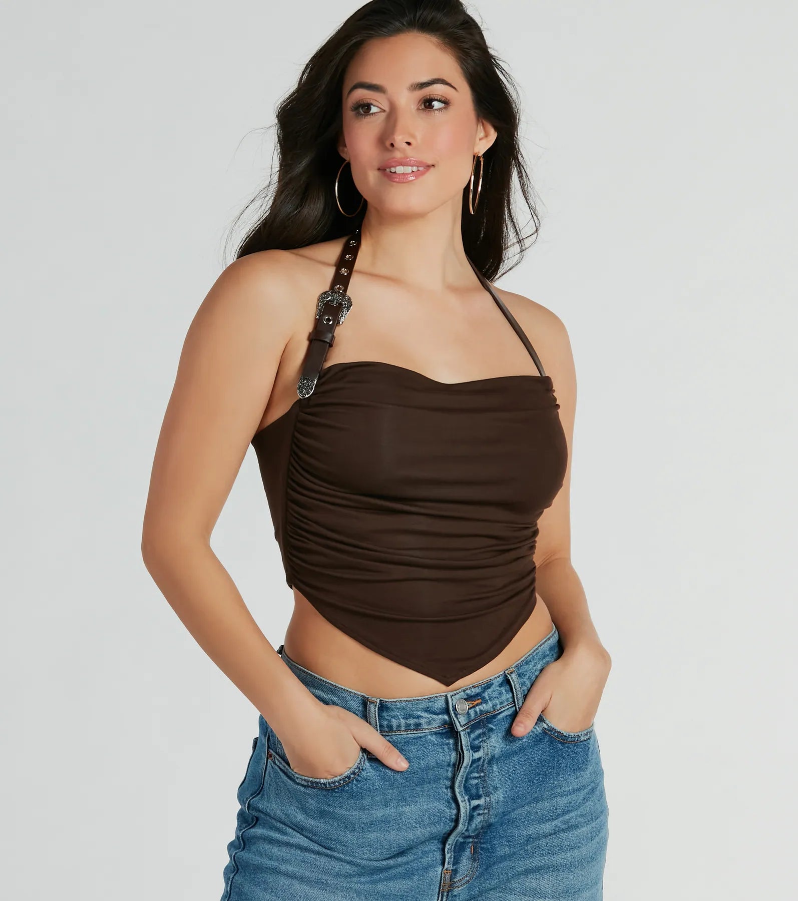 Country Feels Belted Halter Crop Top - Image 2