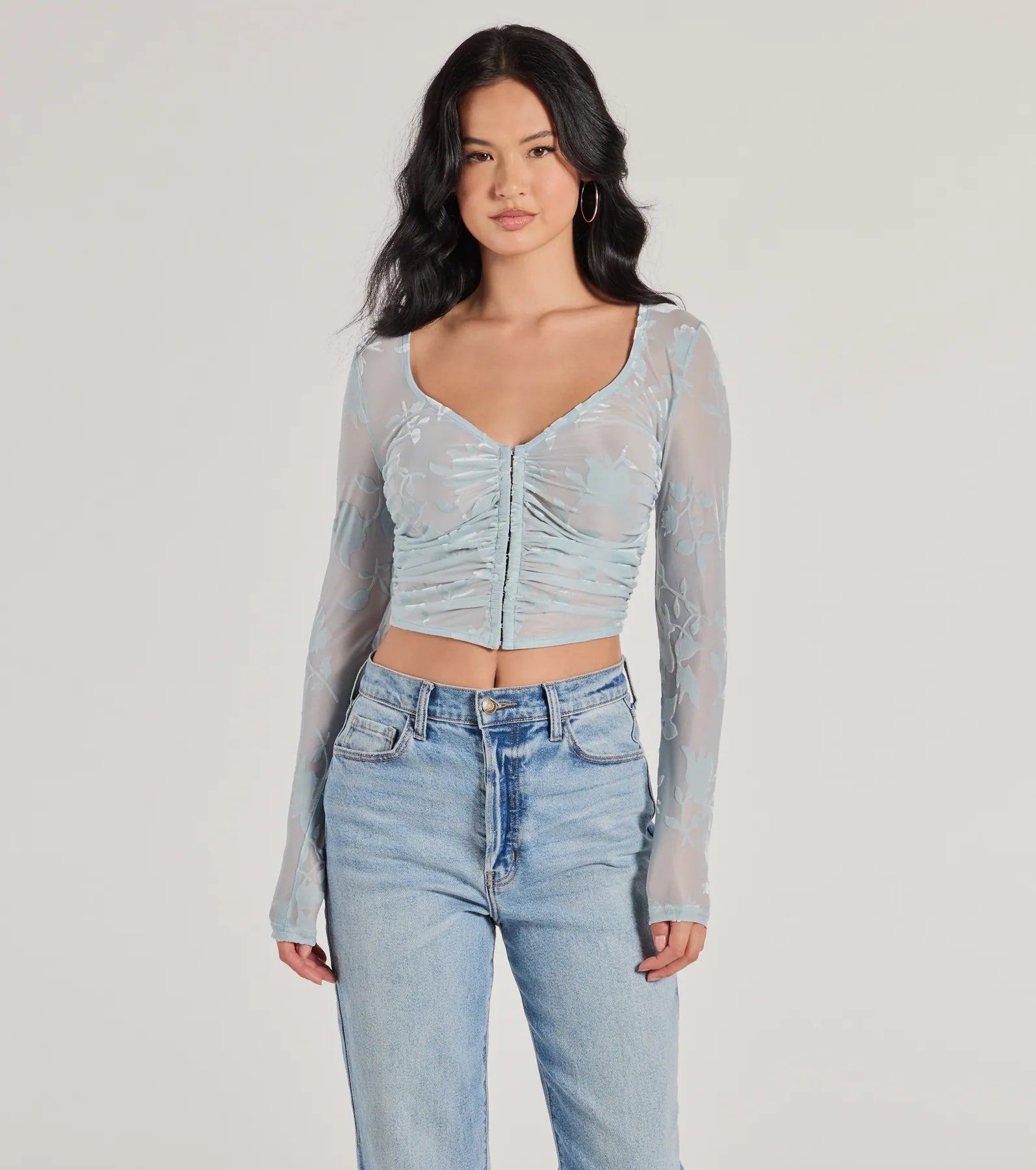 Charming Flocked Floral Mesh Long Sleeve Corset Top - Image 5