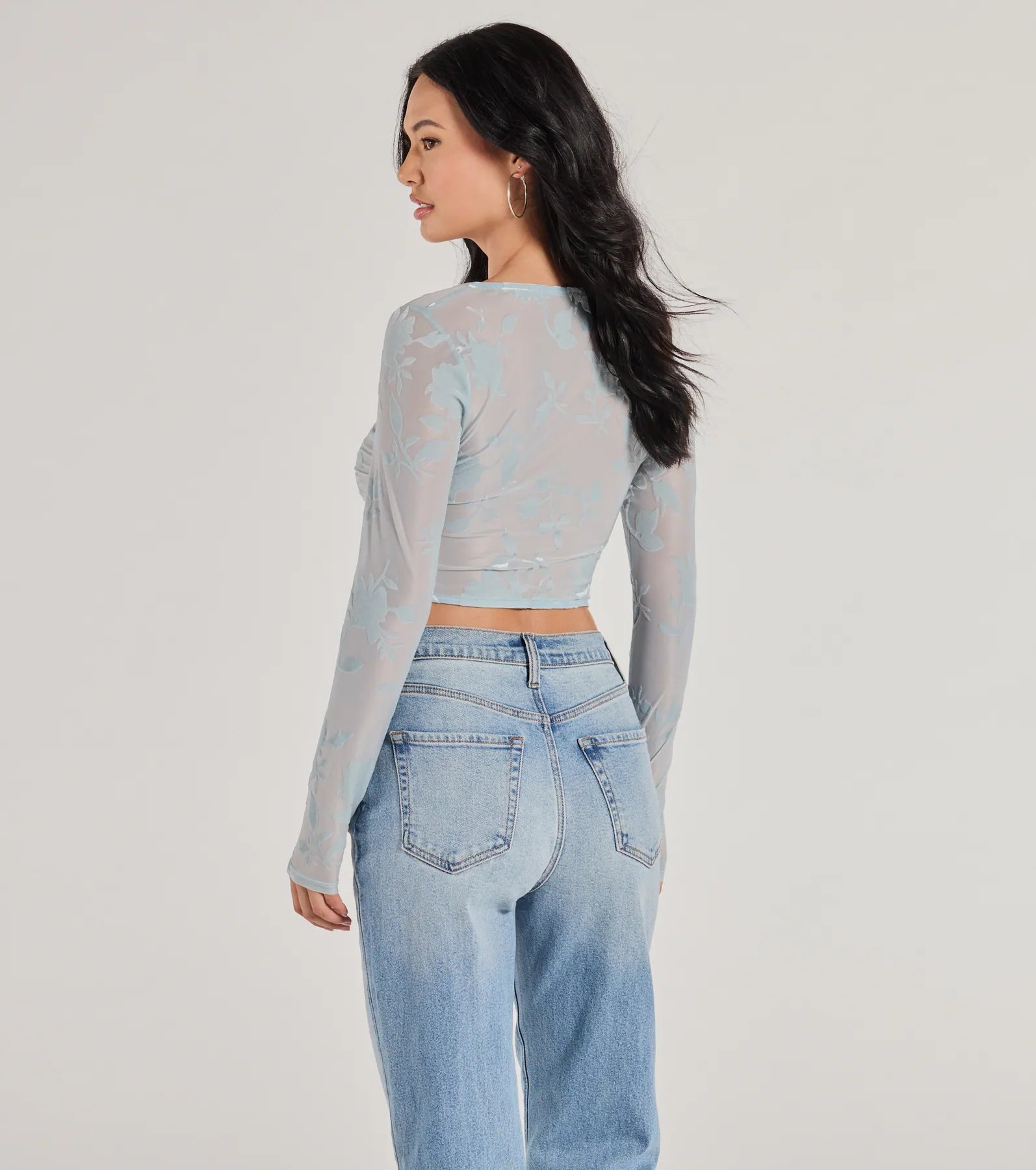 Charming Flocked Floral Mesh Long Sleeve Corset Top - Image 6