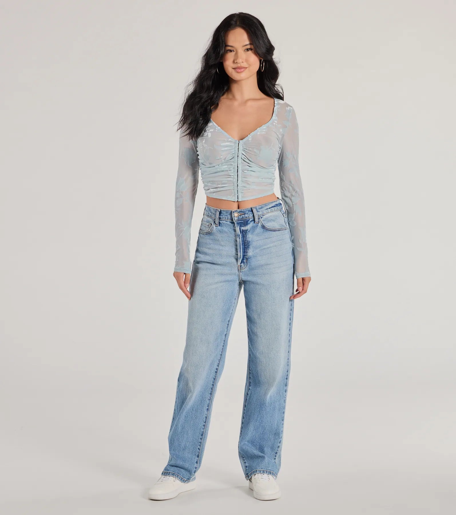 Charming Flocked Floral Mesh Long Sleeve Corset Top - Image 7