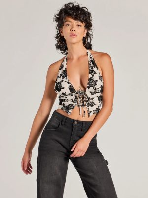 Love For Chic Flocked Floral Halter Crop Top